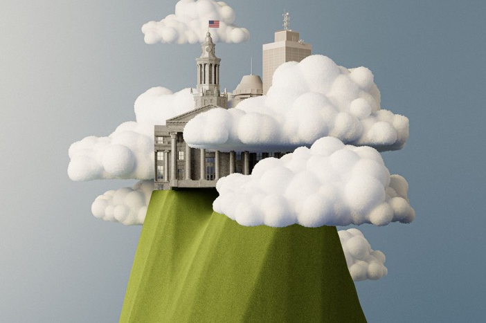 An illustration of a city pitched precariously on a hill with clouds surrounding it. 