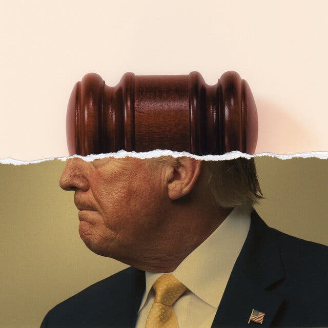 A ripped picture of a gavel on top, with the bottom half of Donald Trump’s face below.